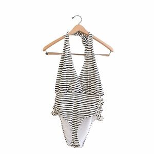 Envya Swimwear Stripe Halter Open Side One Piece Swimsuit Black and White